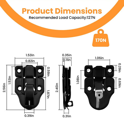 Four Pack Black Toggle Hasp Latches With Hardened Screws Heavy Duty Buckle Locks dimensions and load capacity shown