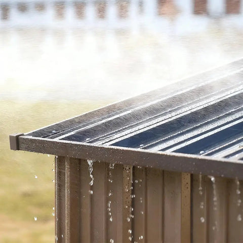 Durable Metal Outdoor Shed With Lockable Doors And Sloped Roof Air Vent 5x3 Ft Brown showing rainwater drainage