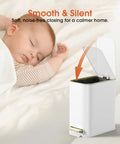 White 5L Slim Stainless Steel Trash Can With Gold Trimmed Lid, Pedal Lid, Soft Close, with sleeping baby in background