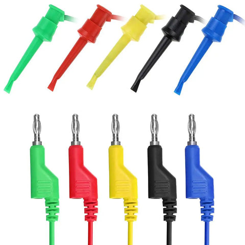Pro Grade 39 Inch Multimeter Test Lead Set 5 Piece Stackable Banana Plug To Test Hook Cables Kit in 5 colors on display