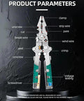 Pro Grade 18 In 1 Folding Electrical Pliers With Stylus Screwdriver And Voltage Tester displaying tool parameters for various uses.