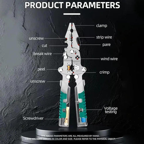Pro Grade 18 In 1 Folding Electrical Pliers With Stylus Screwdriver And Voltage Tester displaying tool parameters for various uses.
