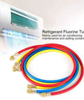 No Sweat One Point Five Meter AC Recharge Hose With Easy Turn Valves Six Hundred Psi Pressure Rated Quarter Inch Tube For Slick R134a R22 Coolant Transfers And Fast Auto AC Chill Fixes, featuring red, blue, and yellow hoses.