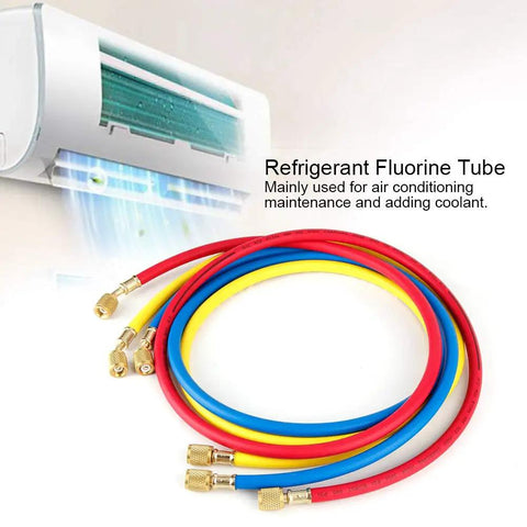 No Sweat One Point Five Meter AC Recharge Hose With Easy Turn Valves Six Hundred Psi Pressure Rated Quarter Inch Tube For Slick R134a R22 Coolant Transfers And Fast Auto AC Chill Fixes, featuring red, blue, and yellow hoses.