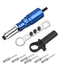 Heavy Duty Rivet Gun Adapter Kit For Cordless Drill With Removable Handle And 100 Piece 4.0 mm Pop Rivet Set Blue components laid out, including rivet gun and rivets.