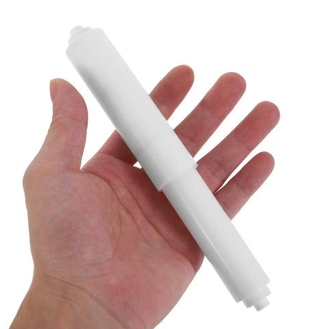 Upgrade Your Bathroom With These 4pcs Plastic Toilet Roll Holder Spindles Featuring a white spring loaded spindle held in hand.