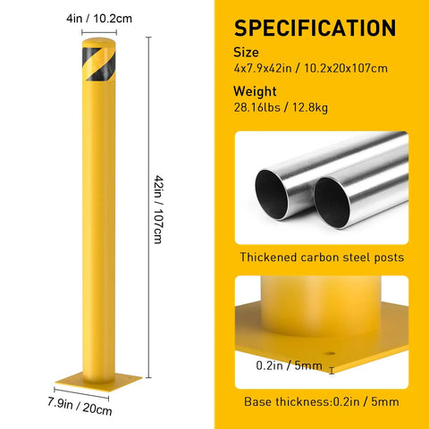 Rock Solid 2 Pack Carbon Steel Security Bollards, Heavy Duty 42 Inch Parking Barrier Posts visible with size and thickness specifications.