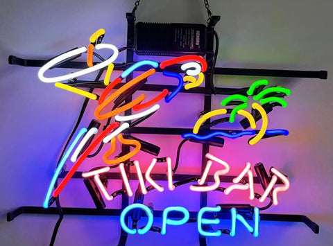 Lit Neon Style Home Beer Bar Sign For Living Room And Bedroom Pub Recreation Room Wall Decor Glass Wall Sign For Parties Birthday Gift Nightstand Bedroom Accent Not LED, featuring Tiki Bar Open and parrot design.