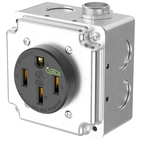 Slick Wall Mount Nema 14-50 Outlet With Surface Mount Box Kit For Smooth Level 2 Ev Charging, 50 Amp Plug And Play 240V Receptacle