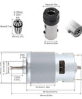 Beefy CNC Spindle Motor Kit For DIY Routers 12-24V DC 4000-8500RPM With 5mm ER11 Collet Set and sizing dimensions.