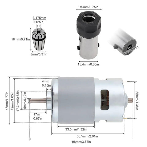 Beefy CNC Spindle Motor Kit For DIY Routers 12-24V DC 4000-8500RPM With 5mm ER11 Collet Set and sizing dimensions.