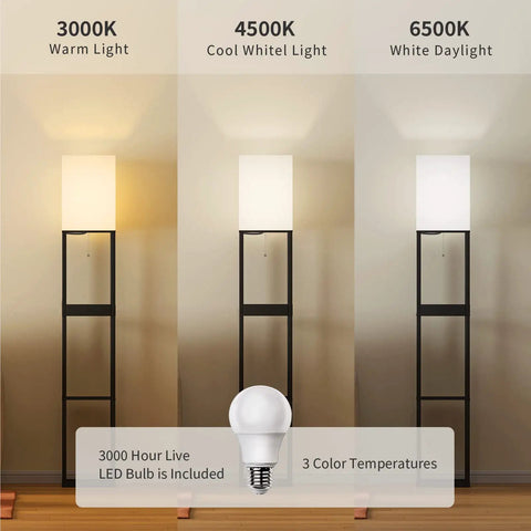 Floor Lamp With Shelves Three Tier Wooden Display Shelves USB Ports And Power Outlet Dimmable LED With 3 Color Temperatures