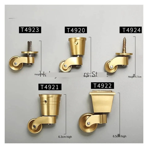 Assorted brass swivel wheel flat casters for chairs, desks, beds, sofas with steel stems, showing height measurements.