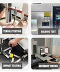 Image of various industrial machine testing processes: tensile testing, caloric testing, impact testing, and accuracy testing.