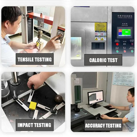 Image of various industrial machine testing processes: tensile testing, caloric testing, impact testing, and accuracy testing.
