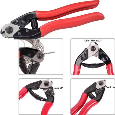 Pro Grade Hydraulic Crimper Tool For 1/8 Inch Stainless Steel Cable Railing Fittings With Custom Dies, shown in details