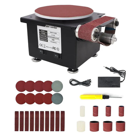 Get The Big 7-Speed Mini Belt Sander For Quick Sanding With Disc And Belt Options, includes sanding pads and power accessories.