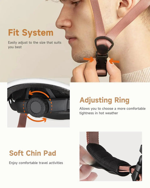 Close-up of Urban Street Ready Adult Bike Helmet with adjustable dial fit system, chin strap, and soft chin pad.