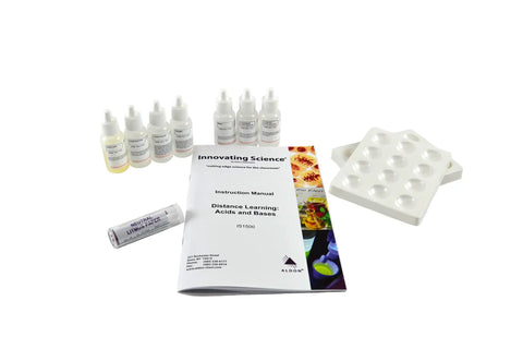 Acids And Bases Lab Kit For Remote Learning Hands On Test Dilute Acids And Bases With Litmus Paper For Distance Education Includes Worksheets For Two Students shown with litmus paper, instruction manual, and bottles.
