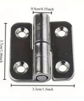 Close-up of metal hinge with measurements, part of set of 4 detachable hinges with left hand lifting sliding joint design.