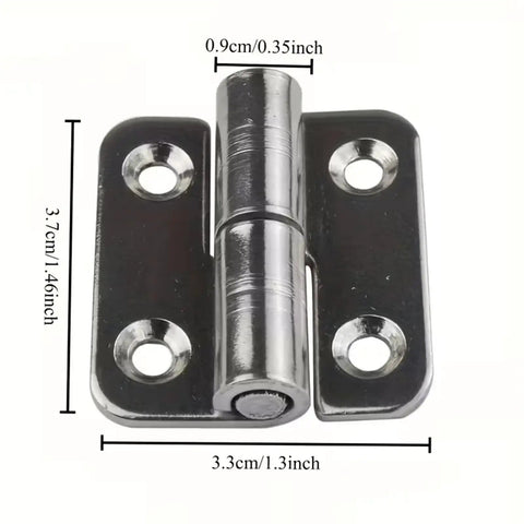 Close-up of metal hinge with measurements, part of set of 4 detachable hinges with left hand lifting sliding joint design.