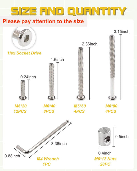 Heavy Duty Crib Screw Hardware Replacement Kit 28 Piece Set With M6 20 40 60 80 mm Hex Drive Socket Cap Screws And Barrel Nuts