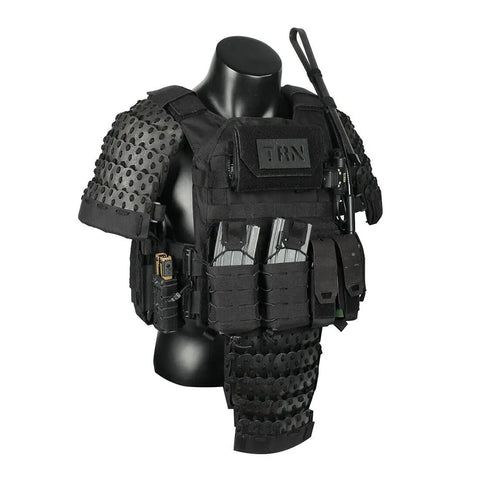 Tactical Shoulder Armor Guards Set for Battle Ready Knights Non Slip 500D Nylon Armor with Stainless Steel Panels on mannequin