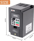 Beefed Up 1.5KW VFD Motor Speed Controller for CNC, 3 Phase Converter, 220V, dimensions shown, front angle view