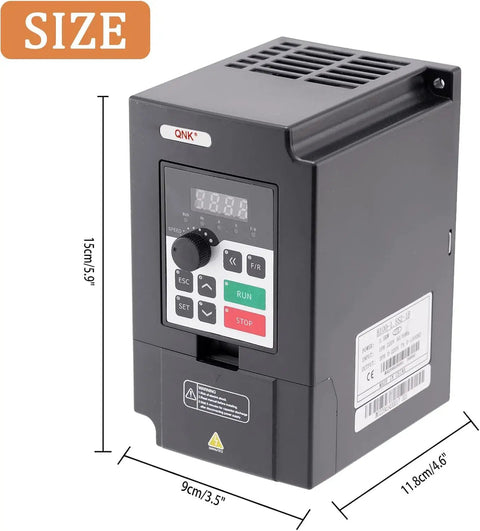 Beefed Up 1.5KW VFD Motor Speed Controller for CNC, 3 Phase Converter, 220V, dimensions shown, front angle view