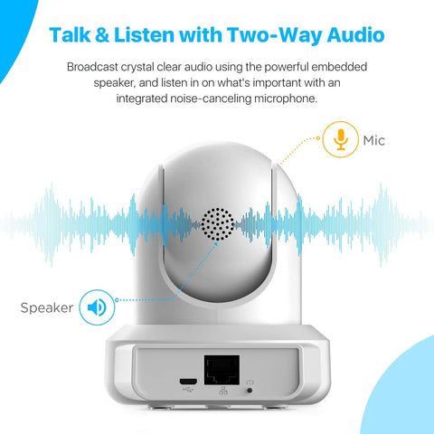 Two Pack ProHD 1080P WiFi Security Cameras With Pan Tilt And 2 Way Audio, white camera back, audio features displayed