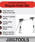 Ceiling Mount Bike Hoist Set Of 2 With Pulley System And Bike Hangers Easy Overhead Storage For Garage Or Workshop Holds Up To 55 Lbs Each Heavy Duty Rope Smooth Operation Space Saving, ceiling bike hoist with hooks