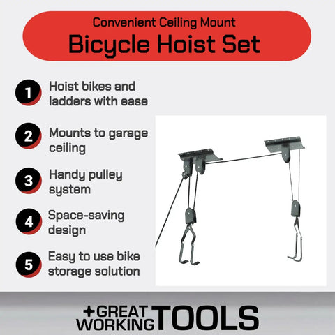 Ceiling Mount Bike Hoist Set Of 2 With Pulley System And Bike Hangers Easy Overhead Storage For Garage Or Workshop Holds Up To 55 Lbs Each Heavy Duty Rope Smooth Operation Space Saving, ceiling bike hoist with hooks