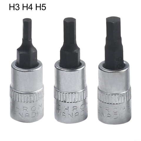Beefy Three Piece One Quarter Inch Drive Hex Socket Set With H3 H4 H5 Inner Hex Bits In Chrome Vanadium Steel 38mm Length Durable Hand Tool Kit For Factory Repairs Shop Projects And Home Furnishings, showing three hex bits.