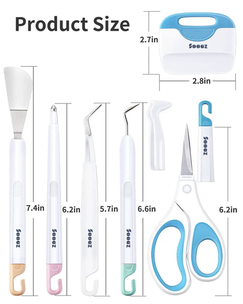 Six Piece Vinyl Tool Kit For DIY Crafters With Scoring Stylus Weeder With Cap Scissors Tweezers Spatula And Scraper sizes displayed