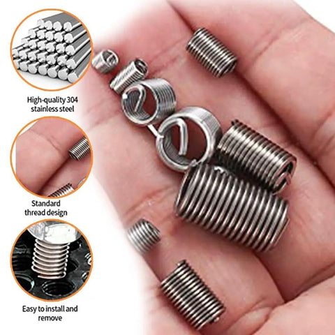Robust 200 Piece Thread Repair Kit With Stainless Steel Inserts For Damaged Threads M3 To M8 showing spiral coils