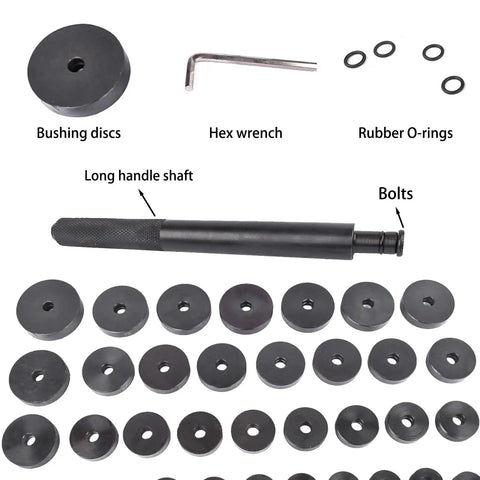 52 In 1 Custom Bushing Driver Kit For Bearing And Seal Installation And Removal Transmission Wheel Axle Race Installer Bearing Press And Puller Set DIY Auto Repair Essential With Adjustable Multi Function Tool Kit showing bushing discs, hex wrench, rubber O-rings, long handle shaft, and bolts