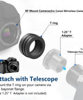 Diagram showing T Mount Lens Adapter T Ring M42x0.75mm for Canon RF Mount with lens and camera illustration.