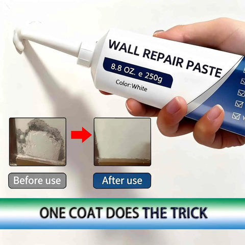 Person holding an 8.8 oz white wall repair paste tube for Drywall Repair Kit With Scraper For Easy Patch And Crack Repair Patch For Nail Holes Small Dents And Tile Gaps Instant Wall Hole Filler That Dries Smooth And Paint Ready No Mess