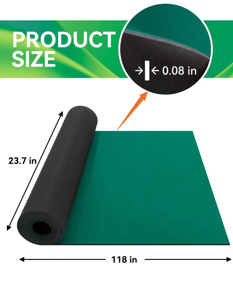 Rubber ESD soldering mat roll, 23.7 in by 118 in, green anti-static surface, front view