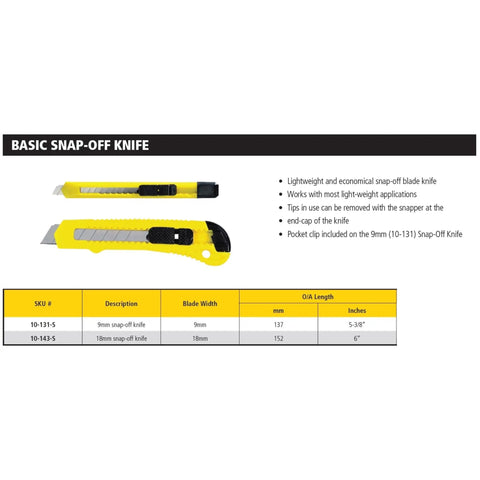Basic Snap Off Blade Knife, 18 Millimeter Utility Cutter For Light Duty Cutting, showing yellow casing and retractable blade