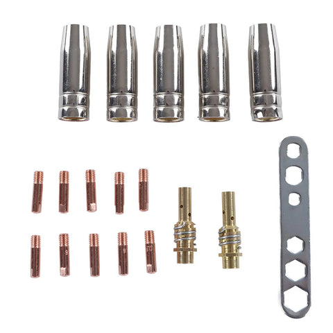 Copper Welding Torch Consumables Set With Protection Nozzle, Contact Tip, and Connecting Kit for MIG Welders displayed