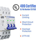 UL 489 AC Miniature Circuit Breaker 3 Amp 3 Pole C Curve For 480Y 277V AC 10kA SCCR Thermal Magnetic Trip DIN Rail Mount White side view