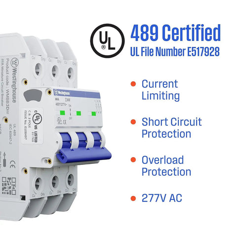 UL 489 AC Miniature Circuit Breaker 3 Amp 3 Pole C Curve For 480Y 277V AC 10kA SCCR Thermal Magnetic Trip DIN Rail Mount White side view