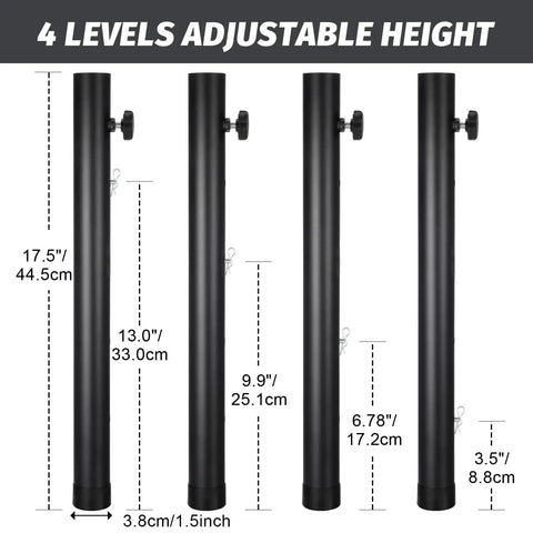 Four Pack Heavy Duty Steel Table Leg Extenders With Quick Adjust Risers For Folding Tables showing 4 adjustable heights and measurements.