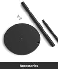 Components of Matte Black Stainless Steel Paper Towel Holder With Weighted Base, showing rods, circle base, and screws labeled Accessories.