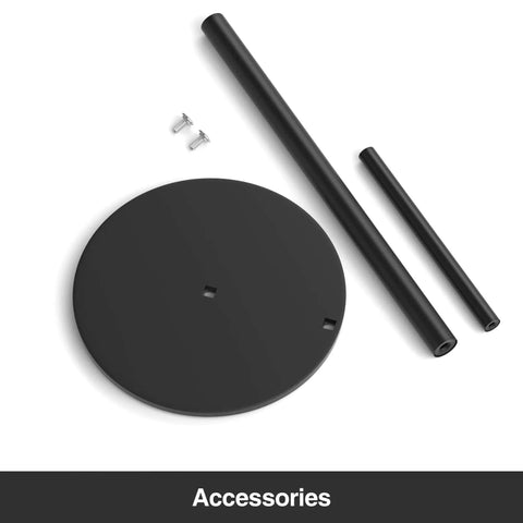 Components of Matte Black Stainless Steel Paper Towel Holder With Weighted Base, showing rods, circle base, and screws labeled Accessories.