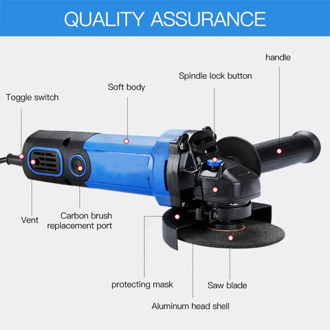 Heavy Duty 1000 Watt Electric Angle Grinder Built Like A Tank For Heavy Metal Cutting And Daily Grinding 220 Volt Shop Ready Power Tool With Rotating Side Handle showing toggle switch and aluminum head shell.
