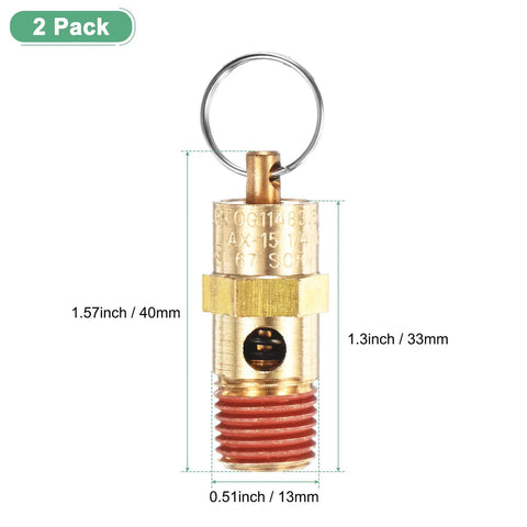 M METERXITY two-pack brass air compressor pressure relief safety valve, 1/4-inch NPT male, automatic vent with key ring