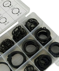 External Snap Ring Assortment Kit With 300 Pieces In 18 Sizes Black Metal Retaining Rings And Handy Storage Case For Industrial And Scientific Projects, open case with sorted black rings