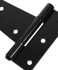 Close-up of Beefy 8 Inch Black Iron Barn Door Hinges Extended T Shape Slotted Bearing Hinge with sturdy construction for doors.